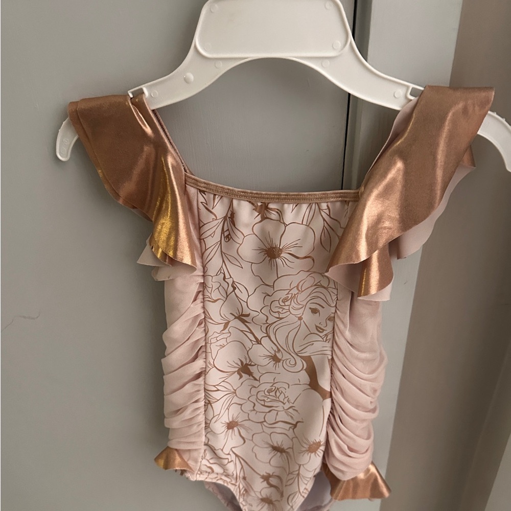 Adorable Floral Princess Ruffle Swimsuit in Gold and Cream